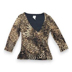 Chicos Leopard & Baroque Print V Neck 3/4 Sleeve Top size medium
